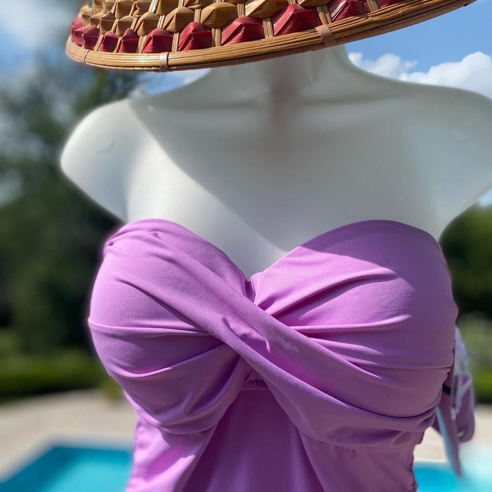 NWT Ann Cole - Lavender tankini with adjustable halter strap & ruching. size: L - Picture 4 of 12